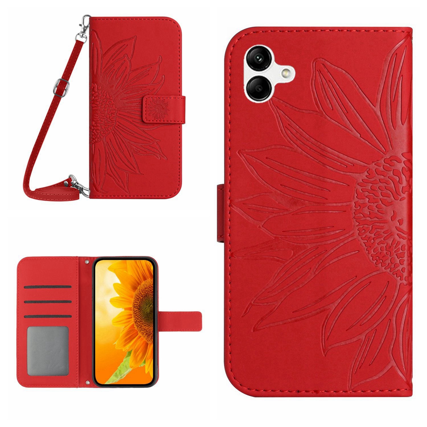 HT04 For Samsung Galaxy A05 4G Leather Case Sunflower Imprint Phone Wallet Shell with Long Strap HT04 For Samsung Galaxy A05 4G Leather Case Sunflower Imprint Phone Wallet Shell with Long Strap